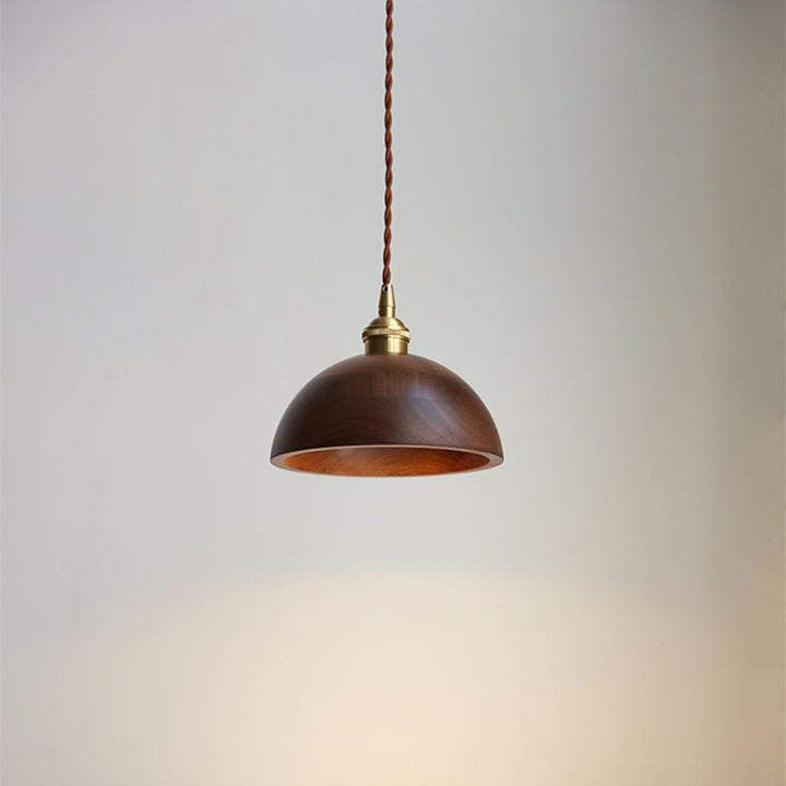 Traditional Vintage Conical Cylinder Bowl Wood Brass 1-Light Pendant Light For Living Room