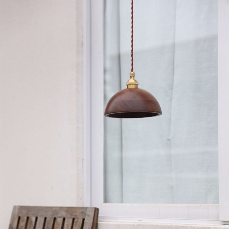 Traditional Vintage Conical Cylinder Bowl Wood Brass 1-Light Pendant Light For Living Room