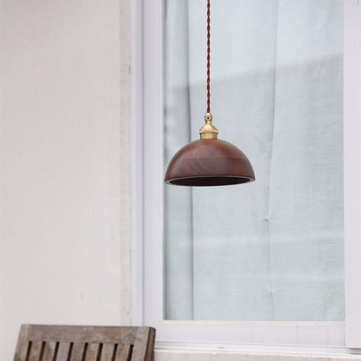 Traditional Vintage Conical Cylinder Bowl Wood Brass 1-Light Pendant Light For Living Room