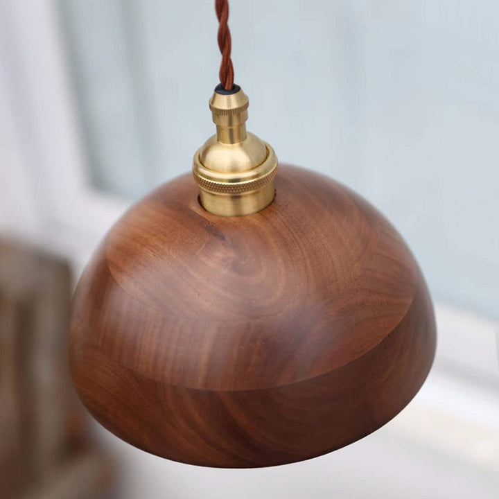 Traditional Vintage Conical Cylinder Bowl Wood Brass 1-Light Pendant Light For Living Room