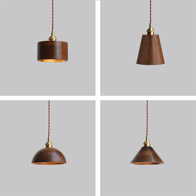 Traditional Vintage Conical Cylinder Bowl Wood Brass 1-Light Pendant Light For Living Room