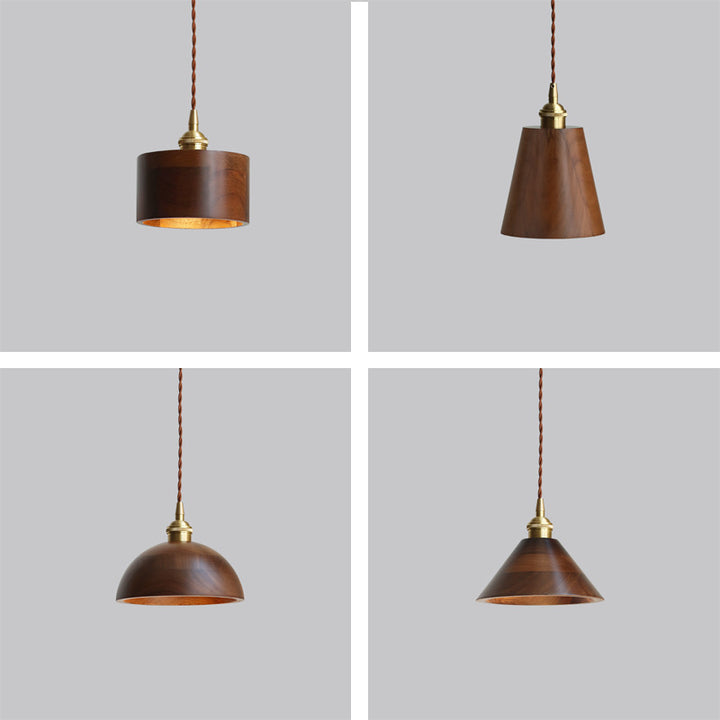Traditional Vintage Conical Cylinder Bowl Wood Brass 1-Light Pendant Light For Living Room