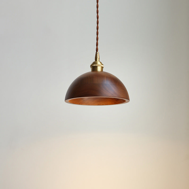 Traditional Vintage Conical Cylinder Bowl Wood Brass 1-Light Pendant Light For Living Room