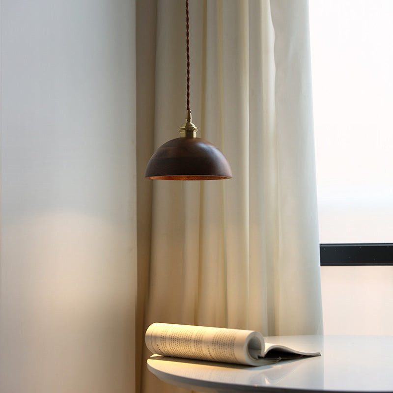 Traditional Vintage Conical Cylinder Bowl Wood Brass 1-Light Pendant Light For Living Room