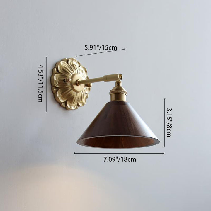 Traditionelle Vintage verstellbare Zylinderkegel-Blumenbasisplatte Holz Messing 1-Licht-Wandleuchte für Wohnzimmer 