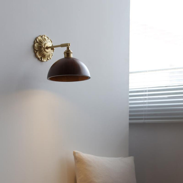 Traditional Vintage Adjustable Cylinder Cone Flower Base Plate Wood Brass 1-Light Wall Sconce Lamp For Living Room