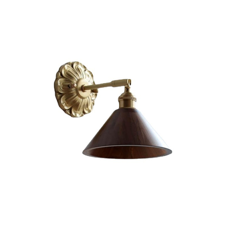 Traditionelle Vintage verstellbare Zylinderkegel-Blumenbasisplatte Holz Messing 1-Licht-Wandleuchte für Wohnzimmer 
