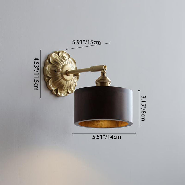 Traditional Vintage Adjustable Cylinder Cone Flower Base Plate Wood Brass 1-Light Wall Sconce Lamp For Living Room