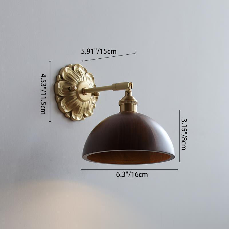 Traditionelle Vintage verstellbare Zylinderkegel-Blumenbasisplatte Holz Messing 1-Licht-Wandleuchte für Wohnzimmer 
