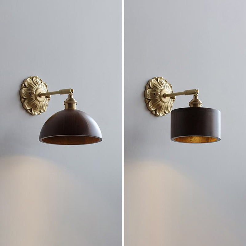 Traditionelle Vintage verstellbare Zylinderkegel-Blumenbasisplatte Holz Messing 1-Licht-Wandleuchte für Wohnzimmer 