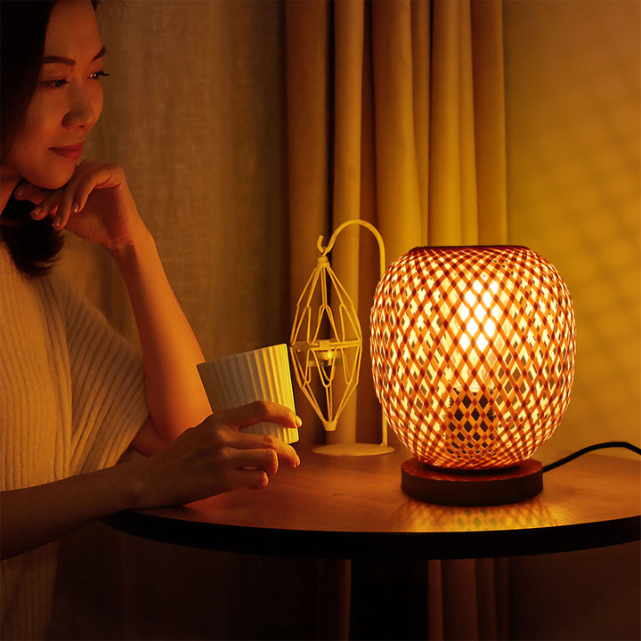 Lampe de table contemporaine en bois de bambou ajouré rond 1 lumière pour salon 