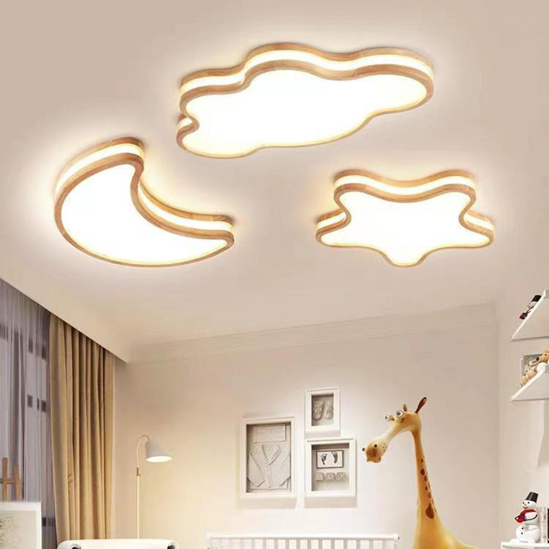 Luz de techo LED empotrada de madera con diseño Art Deco moderno de luna, nubes y estrellas para sala de estar 