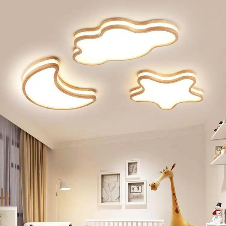 Luz de techo LED empotrada de madera con diseño Art Deco moderno de luna, nubes y estrellas para sala de estar 