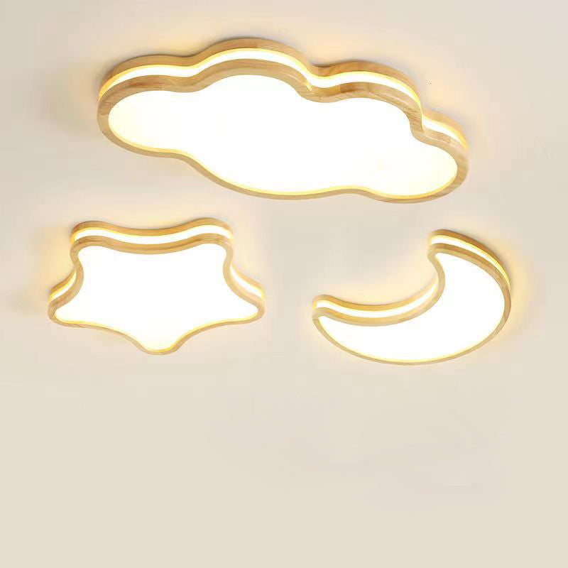 Luz de techo LED empotrada de madera con diseño Art Deco moderno de luna, nubes y estrellas para sala de estar 
