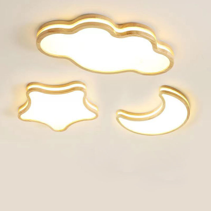 Luz de techo LED empotrada de madera con diseño Art Deco moderno de luna, nubes y estrellas para sala de estar 