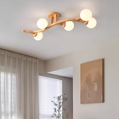 Zeitgenössische kreative Zweige Formen Kurven Glas Gummibaumholz 3/5/7 Licht Halbeinbau-Deckenleuchte für Wohnzimmer 