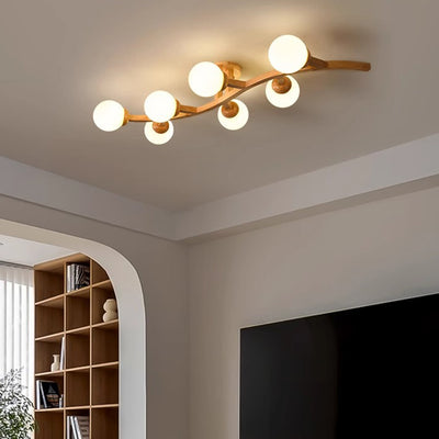 Zeitgenössische kreative Zweige Formen Kurven Glas Gummibaumholz 3/5/7 Licht Halbeinbau-Deckenleuchte für Wohnzimmer 