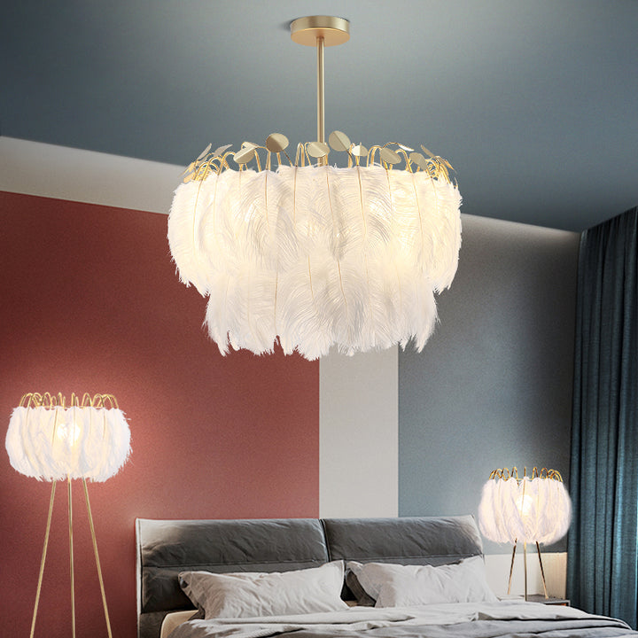 Chandelier Contemporain Créatif Rond à Double Couche Feuille Plume Fer 1/3 Lumière Pour Salon 