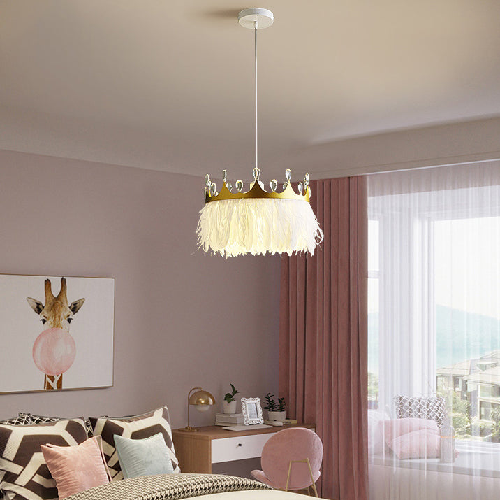 Chandelier Moderne de Luxe en Forme de Couronne Ronde avec Plumes et Cristaux en Fer à 1 Lumière pour Salon 