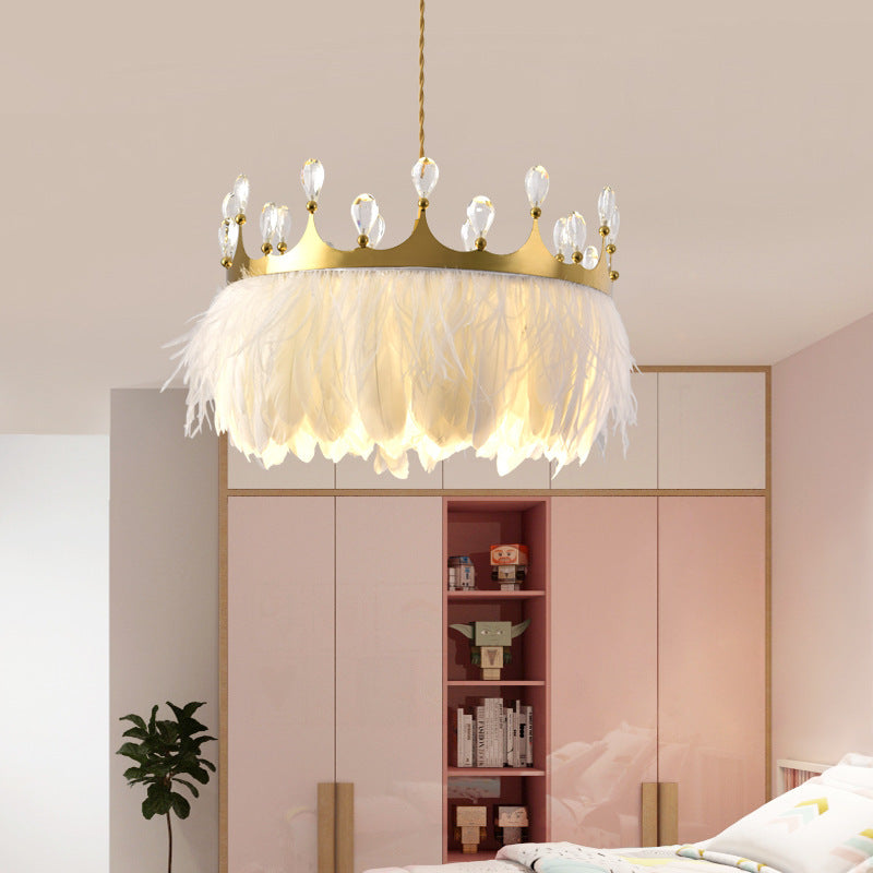 Chandelier Moderne de Luxe en Forme de Couronne Ronde avec Plumes et Cristaux en Fer à 1 Lumière pour Salon 