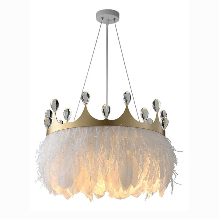 Chandelier Moderne de Luxe en Forme de Couronne Ronde avec Plumes et Cristaux en Fer à 1 Lumière pour Salon 