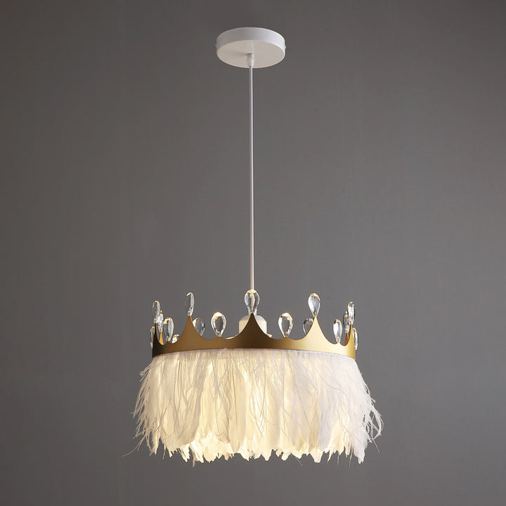 Chandelier Moderne de Luxe en Forme de Couronne Ronde avec Plumes et Cristaux en Fer à 1 Lumière pour Salon 