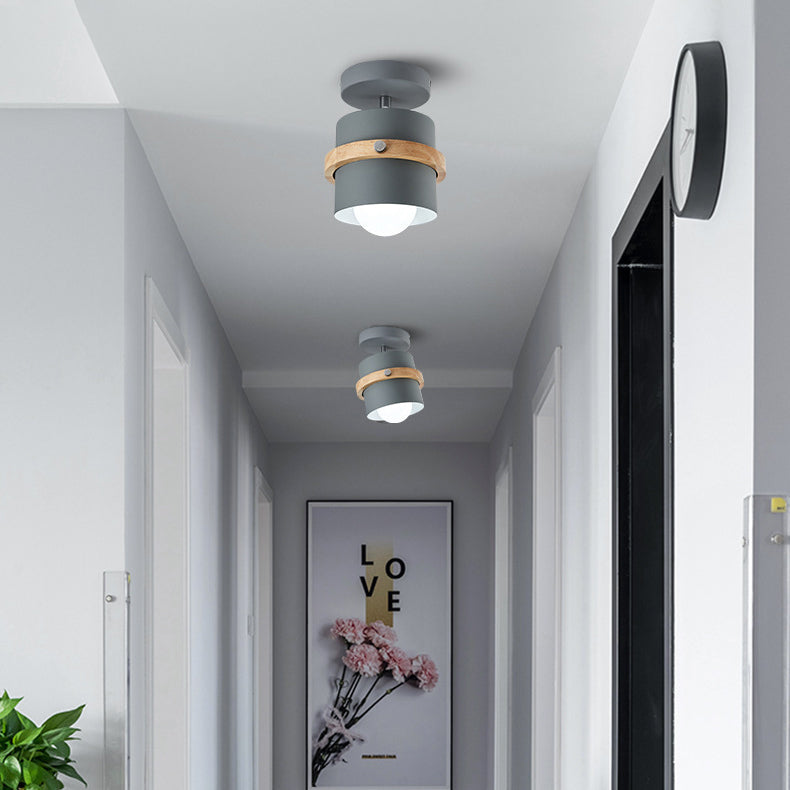 Contemporary Scandinavian Rotatable Cylinder Round Wood Iron 1-Light Semi-Flush Mount Ceiling Light For Living Room