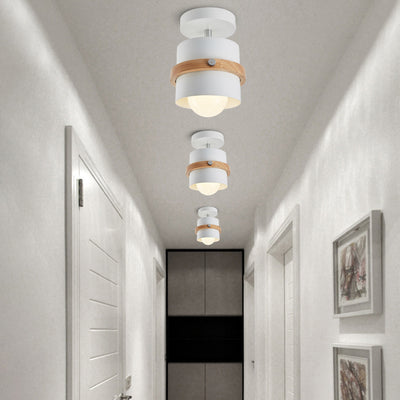 Contemporary Scandinavian Rotatable Cylinder Round Wood Iron 1-Light Semi-Flush Mount Ceiling Light For Living Room