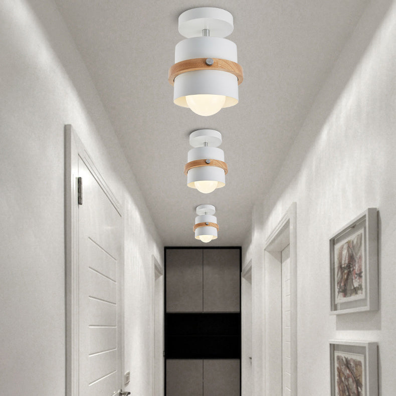 Contemporary Scandinavian Rotatable Cylinder Round Wood Iron 1-Light Semi-Flush Mount Ceiling Light For Living Room