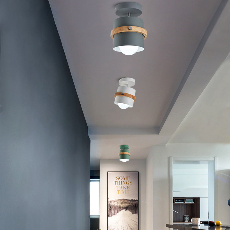Contemporary Scandinavian Rotatable Cylinder Round Wood Iron 1-Light Semi-Flush Mount Ceiling Light For Living Room