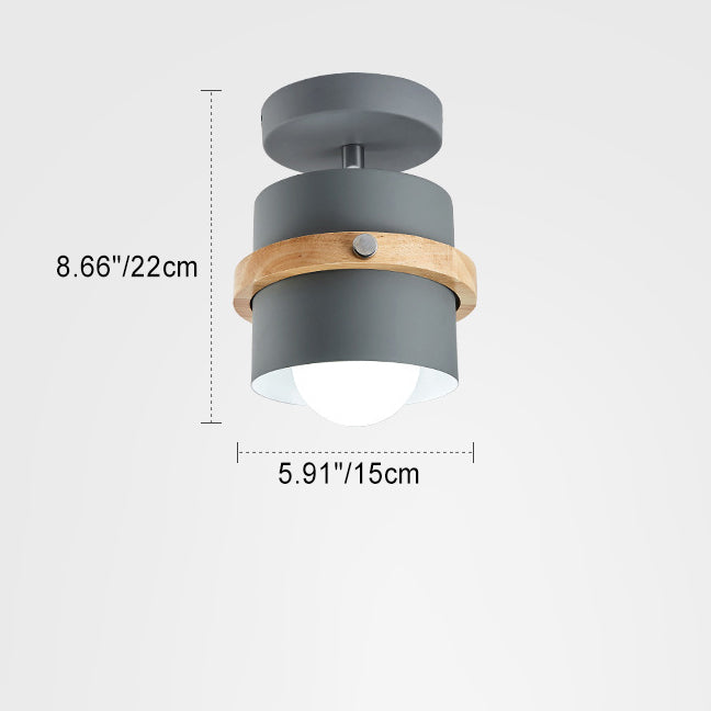 Contemporary Scandinavian Rotatable Cylinder Round Wood Iron 1-Light Semi-Flush Mount Ceiling Light For Living Room