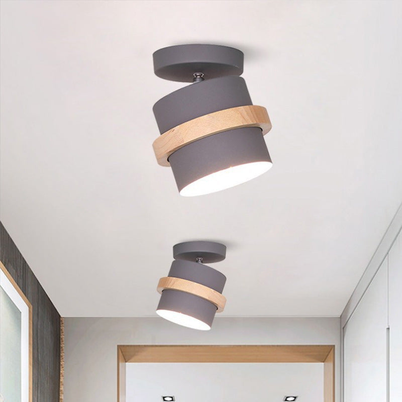 Contemporary Scandinavian Rotatable Cylinder Round Wood Iron 1-Light Semi-Flush Mount Ceiling Light For Living Room