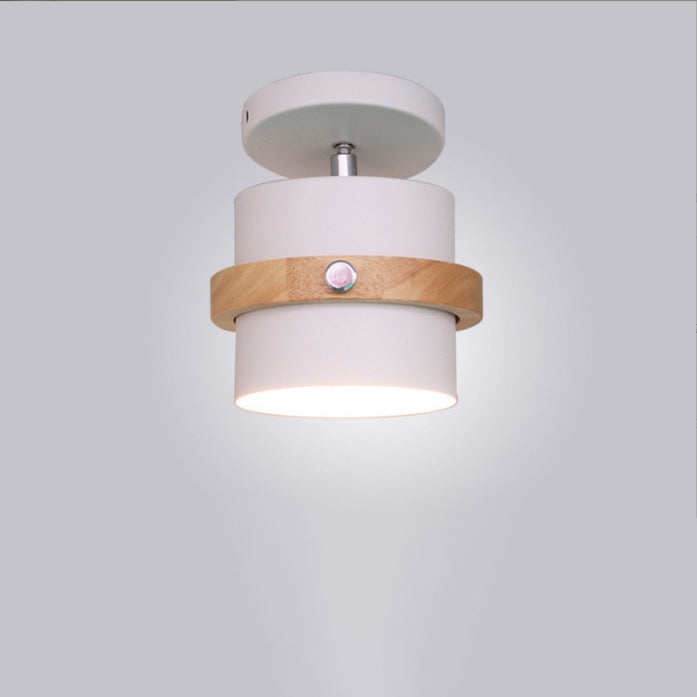 Contemporary Scandinavian Rotatable Cylinder Round Wood Iron 1-Light Semi-Flush Mount Ceiling Light For Living Room