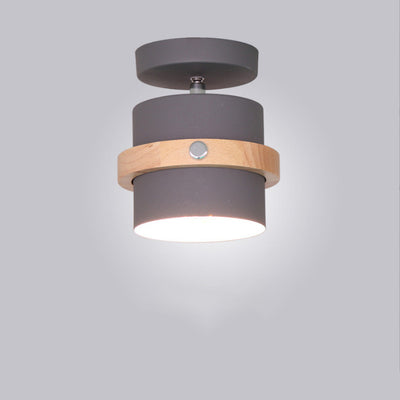 Contemporary Scandinavian Rotatable Cylinder Round Wood Iron 1-Light Semi-Flush Mount Ceiling Light For Living Room