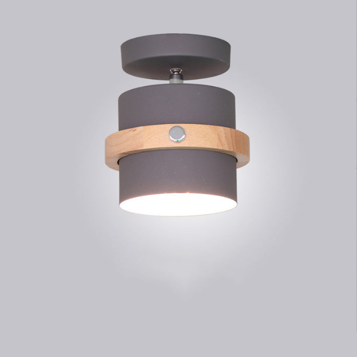 Contemporary Scandinavian Rotatable Cylinder Round Wood Iron 1-Light Semi-Flush Mount Ceiling Light For Living Room