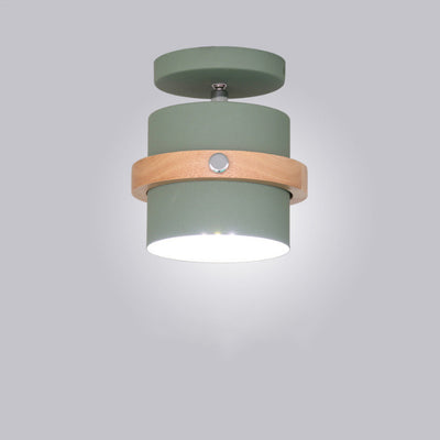 Contemporary Scandinavian Rotatable Cylinder Round Wood Iron 1-Light Semi-Flush Mount Ceiling Light For Living Room