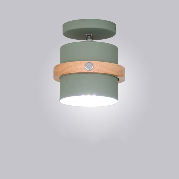 Contemporary Scandinavian Rotatable Cylinder Round Wood Iron 1-Light Semi-Flush Mount Ceiling Light For Living Room