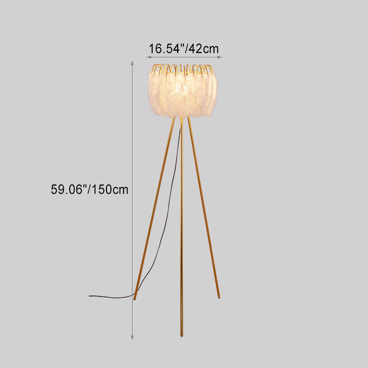 Lampadaire contemporain créatif courbé rond en plumes naturelles et fer avec 1 lumière pour salon 