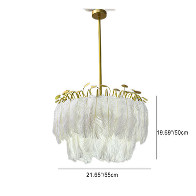 Contemporary Scandinavian Double Round Branch Feather Iron 3-Light Chandelier For Living Room