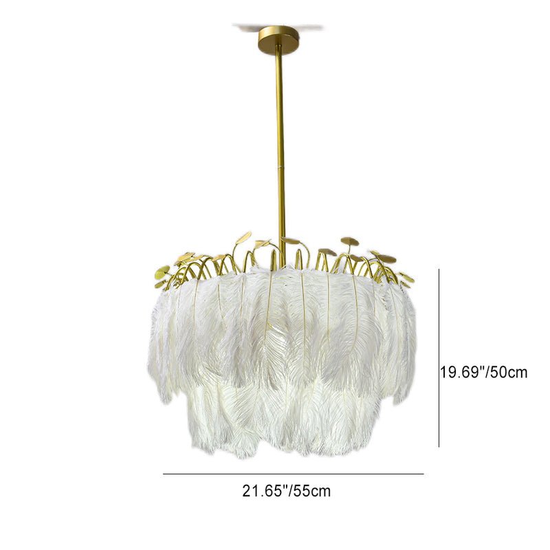Contemporary Scandinavian Double Round Branch Feather Iron 3-Light Chandelier For Living Room