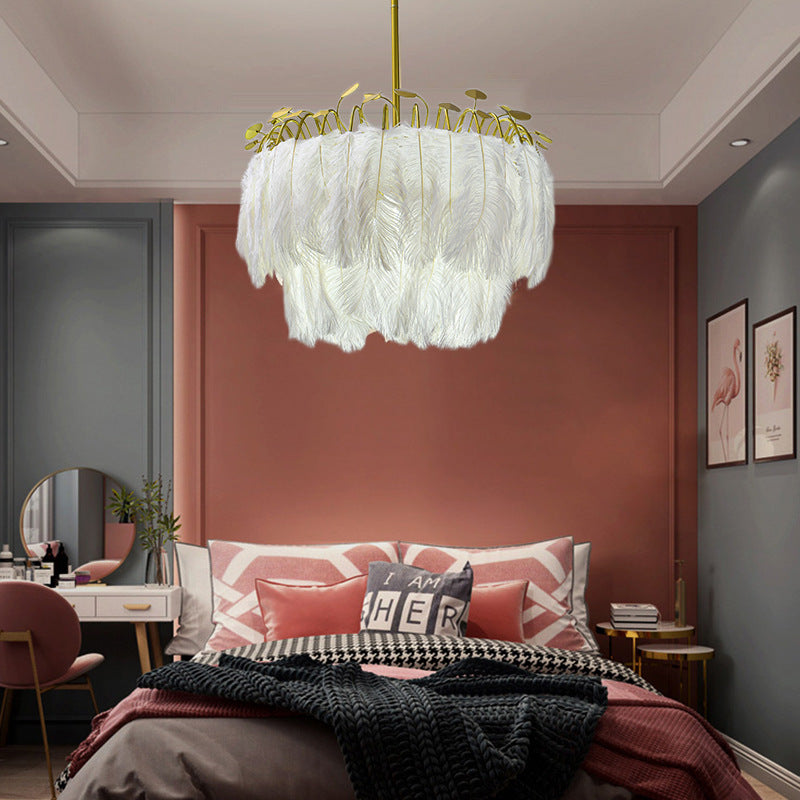 Contemporary Scandinavian Double Round Branch Feather Iron 3-Light Chandelier For Living Room