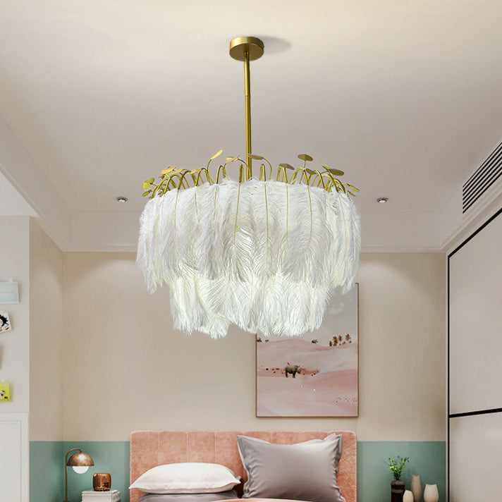 Contemporary Scandinavian Double Round Branch Feather Iron 3-Light Chandelier For Living Room