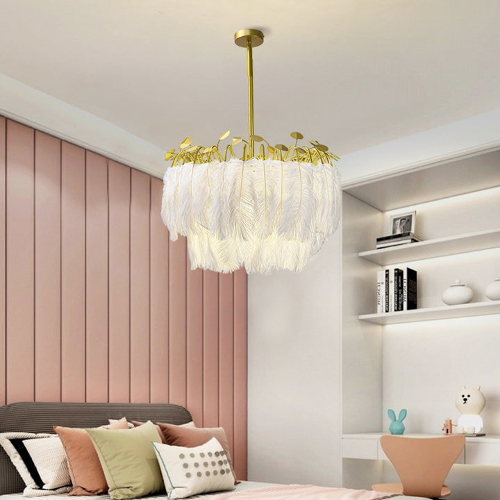 Lustre contemporain scandinave à trois lumières en fer avec branches rondes et plumes pour salon 