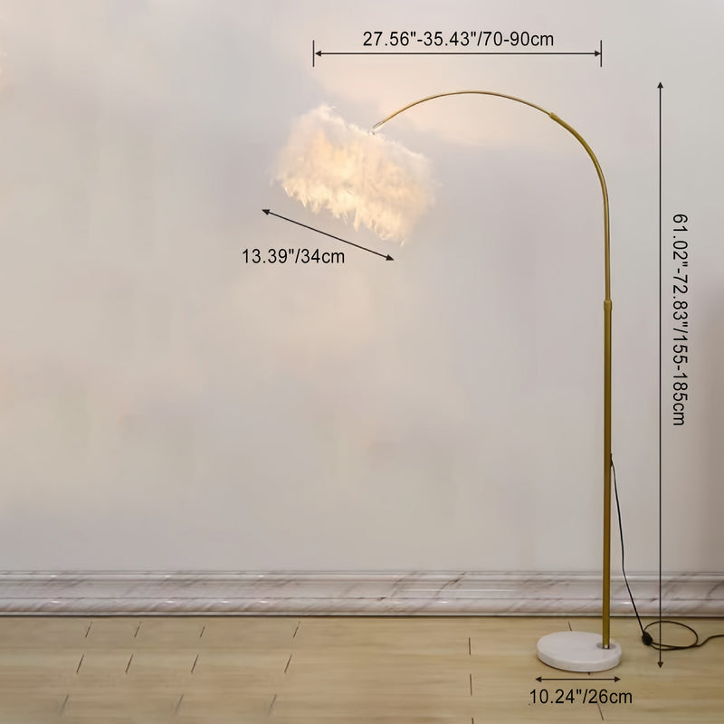 Contemporary Creative Retractable Curved Round Feather Iron Marble 1-Light Standing Floor Lamp For Living Room
