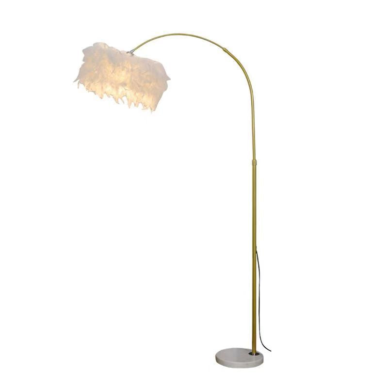 Contemporary Creative Retractable Curved Round Feather Iron Marble 1-Light Standing Floor Lamp For Living Room