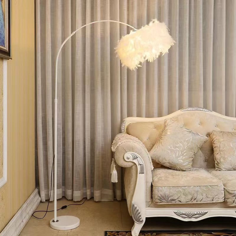 Contemporary Creative Retractable Curved Round Feather Iron Marble 1-Light Standing Floor Lamp For Living Room