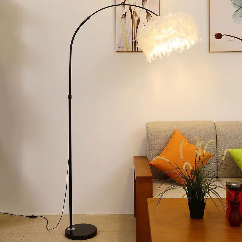 Contemporary Creative Retractable Curved Round Feather Iron Marble 1-Light Standing Floor Lamp For Living Room