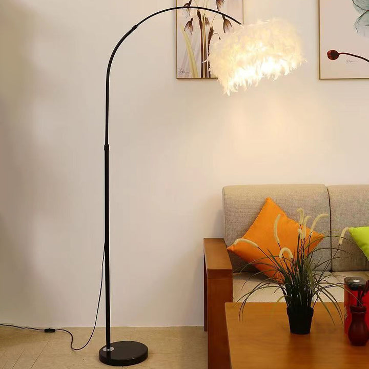 Contemporary Creative Retractable Curved Round Feather Iron Marble 1-Light Standing Floor Lamp For Living Room