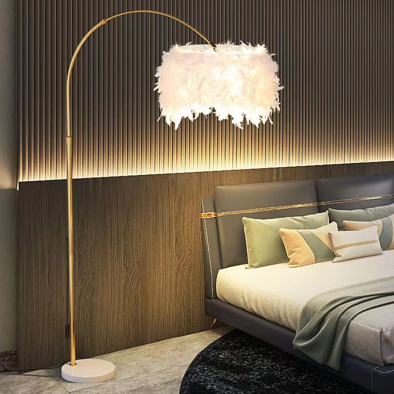 Contemporary Creative Retractable Curved Round Feather Iron Marble 1-Light Standing Floor Lamp For Living Room