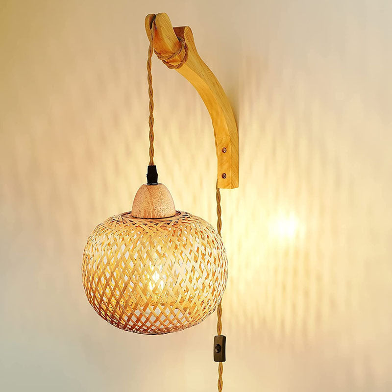 Traditional Vintage Square Skeleton Spherical Bamboo Rattan 1-Light Wall Sconce Lamp For Living Room